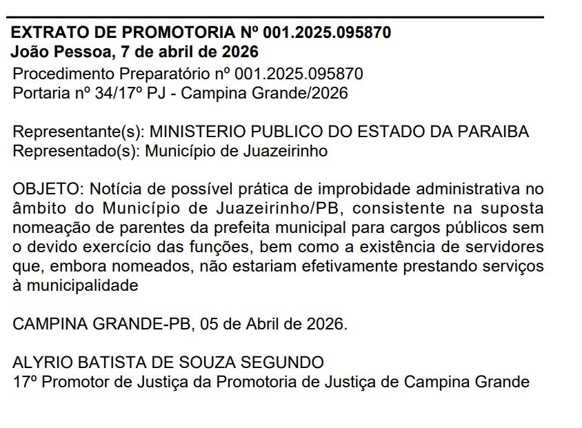 MPPB abre investigação contra Prefeitura de Juazeirinho