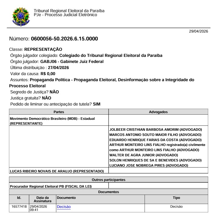 TRE-PB manda retirar vídeo de Lucas Ribeiro por 'faz 2 L'