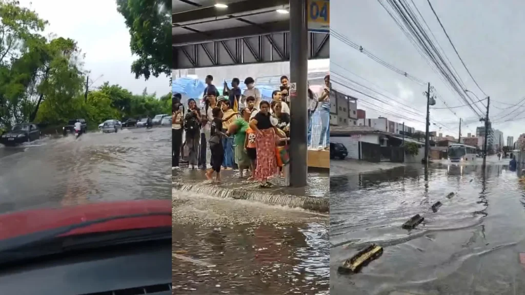 Homem nada em rua alagada e quase é atropelado em João Pessoa