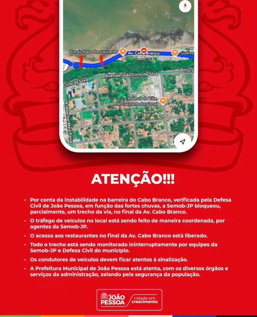 Semob-JP interdita parcialmente trecho da Cabo Branco